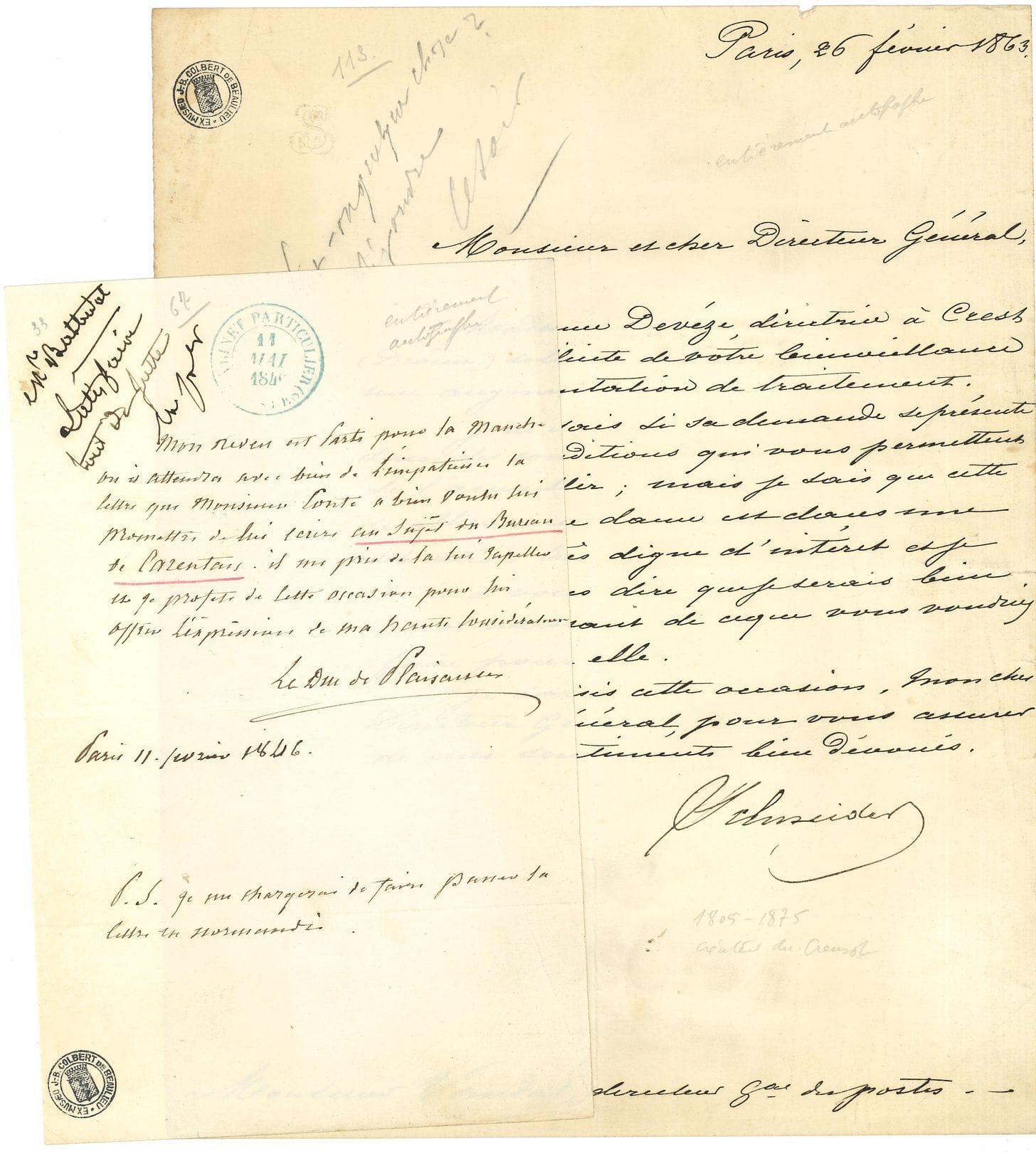 DIVERS. 110 lettres ou pièces environ, la plupart L.A.S. ou L.S.
Lettres ou pièces : gal d’Albignac (9 comme commandant de l’école de Saint-Cyr), H. Barboux, Barthélemy Saint-Hilaire, gal Beker, Berryer, Blacas d’Aulps, Letizia Bonaparte-Wyse, gal Boulanger (3), Aug. de Cambis, duc de Castries, Félix Dupanloup, Jules Favre (4, et 6 mss de discours), Jules Ferry, comte de Flavigny, Ach. Fould, Hohenlohe, Lafayette, Louis-Philippe, card. Luçon, H. Lyautey, comte Marchand, Marie-Amélie, Mary de Teck, Psse Mathilde, Ch. de Montalembert, Mathieu de Montmorency, Petit-Radel, duc de Richelieu, Rothschild, Rovigo, G. Schouvaloff, Soult duc de Dalmatie, Thiers, comte de Tocqueville, Victor duc de Bellune, Villèle (annonçant la mort de Louis XVIII), vte de Vogüé, etc.
Passeports ; police d’assurances La Paternelle (1858) ; documents sur la guerre de 1870 et la Commune…
On joint un fort dossier de factures, emprunts russes, menus, imprimés, tracts et journaux, affiches, documents philatéliques…