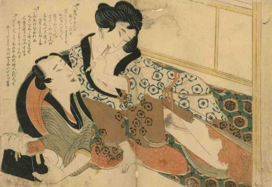 Shigenobu (actif vers 1720)
Oban yoko-e, amants, la femme le kimono entrouvert, serrant un mouchoir dans sa bouche. (Pliure médiane, usure à la doublure). Dim. : 25,3 x 36,4 cm