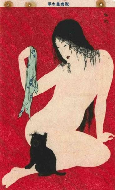 Takahashi Hiroaki (1871 - 1945)
Carte postale tate-e, femme nue sur fond rouge, jouant avec un petit chat noir. Dim. : 14,7 x .9,1 cm.