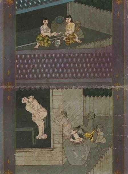 Sutra
gouache sur papier sur une face, deux femmes les seins nus, un enfant à l'étage d'une maison, amants s'accouplant nus, observés par un homme et trois enfants, à l'étage du dessous?; sur l'autre face un texte thaïlandais. (Pliure médiane, petits manques). Thaïlande, XIXe siècle. Dim. : 27,1 x 20,1 cm