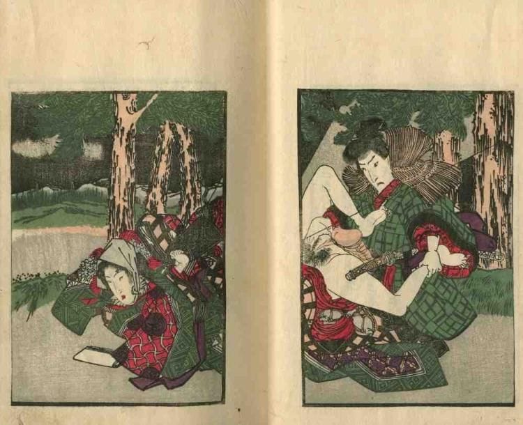Kunisada (1786 - 1865)
Deux volumes de la série "Fujo yu hansho suikoden" en couleurs, de 36 pages et 32 pages dont 4 et 3 doubles pages d'illustrations. (Trous de ver). Dim. : 22,5 x 15,5 cm