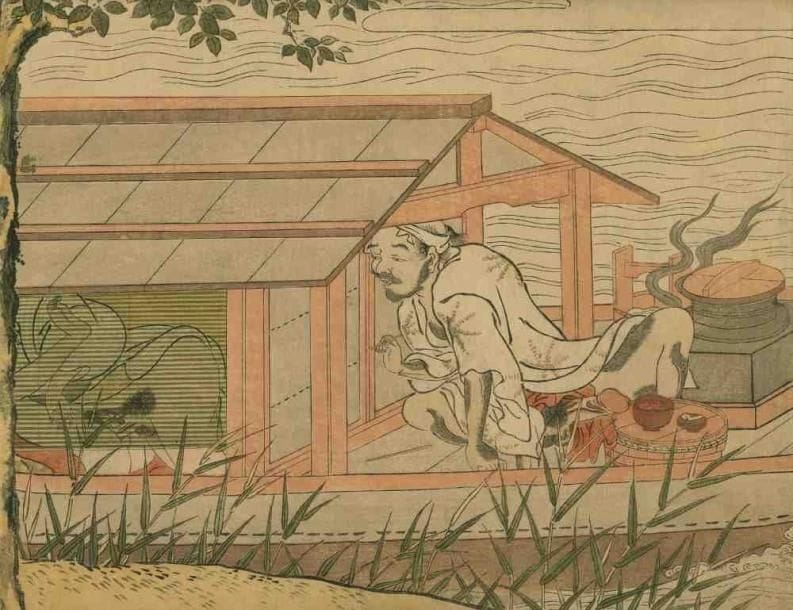 Harunobu (vers 1724 - 1770)
Aiban yoko-e, homme épiant à l'entre-porte d'une maison un couple en pleine étreinte. (Coupé). Dim. : 20,4 x 26,5 cm.