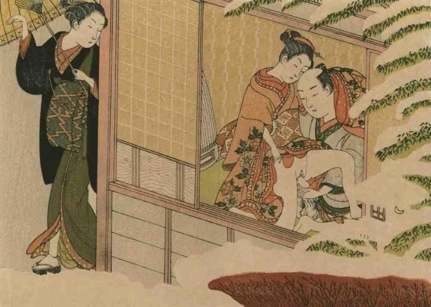Harunobu (vers 1724 - 1770)
Chuban yoko-e, femme avec ombrelle observant de l'extérieur d'une maison, des amants en plein ébat derrière la fenêtre ouverte sur un paysage enneigé. (Coupé). Dim. : 19 x 26,5 cm