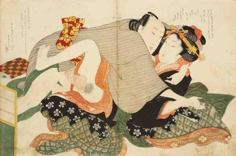 Keisai Eisen (actif entre 1790 et 1848)
Oban yoko-e, homme s'élançant sur une femme afin de l'honorer. (Pliure médiane, restaurations, taches). 25x 37,7 cm