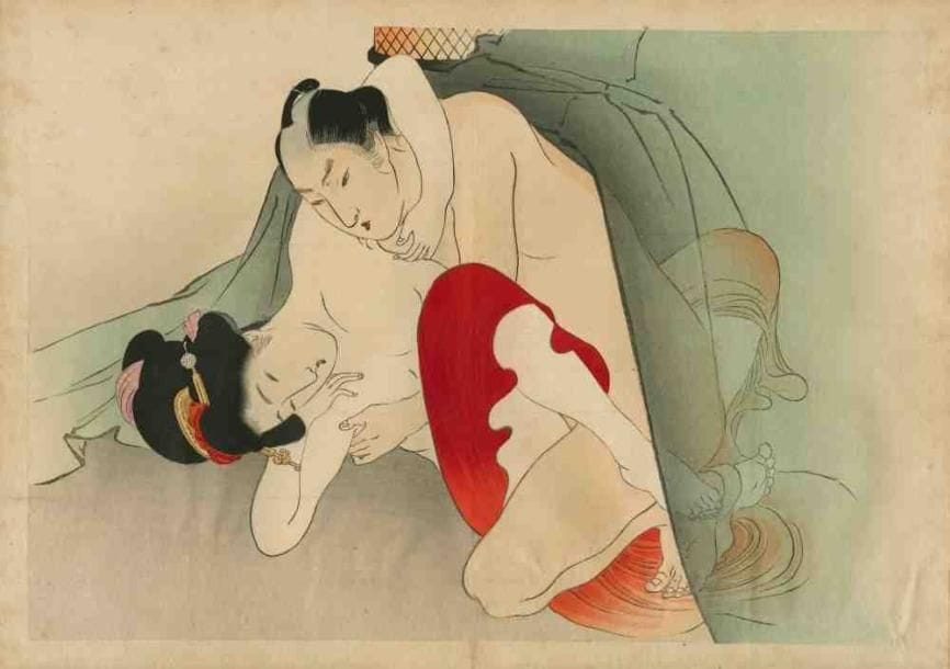Tomioka Eisen (1864 - 1905)
Album accordéon comprenant 12 oban yoko-e représentant des couples enlacés. Epoque Meiji. Dim. : 24 x 17 cm