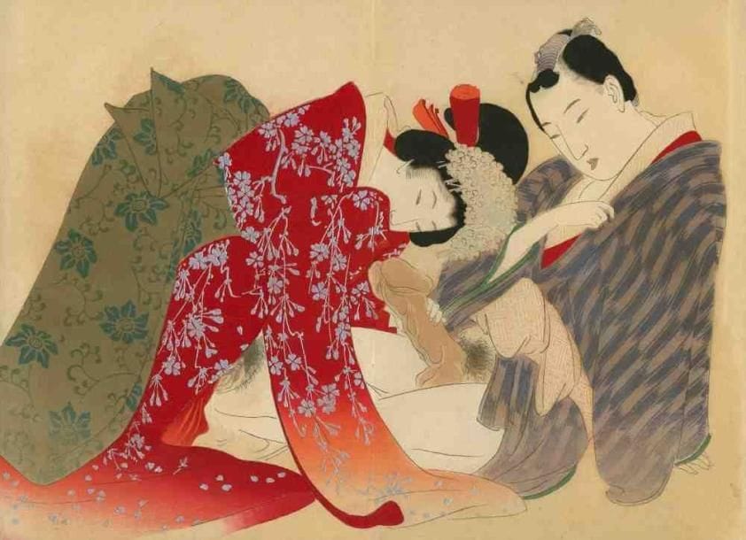 Tomioka Eisen (1864 - 1905)
Album accordéon comprenant 12 oban yoko-e représentant des couples enlacés. Epoque Meiji. Dim. : 23,8 x 16,5 cm