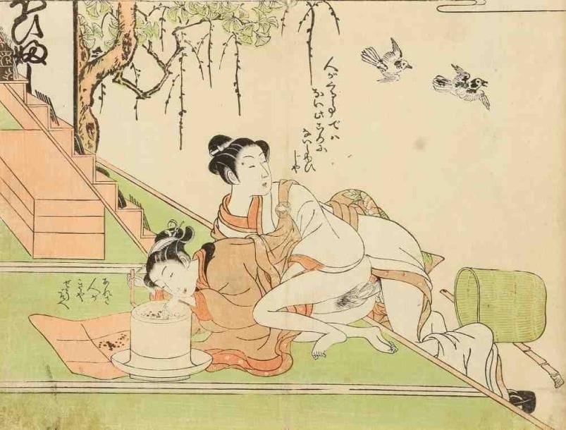 Koryusai (actif au milieu des années 1760 - 1780)
Chuban yoko-e, pèlerin étreignant une jeune femme sous la véranda. (Pliure médiane, petites taches). 18 x 24,3 cm