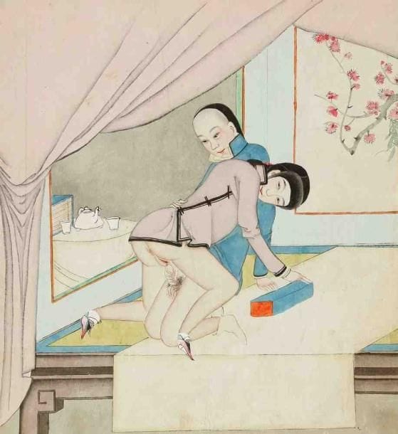 Peinture sur papier, couple assis sur un lit à l'heure du thé, juste avant l'union. Shangai, vers 1920. Dim. : 23 x 21,5 cm. Illustré dans "Dreams of spring", Pepin Press, 1997 et "Rêves de printemps", Philippe Picuier, 1998, p. 199
