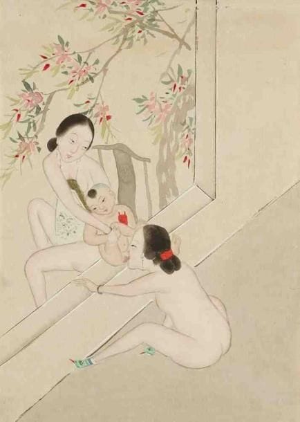 Peinture sur papier, deux femmes et un enfant. Fin du XIXe siècle. Dim. : 26 x 18,5 cm.