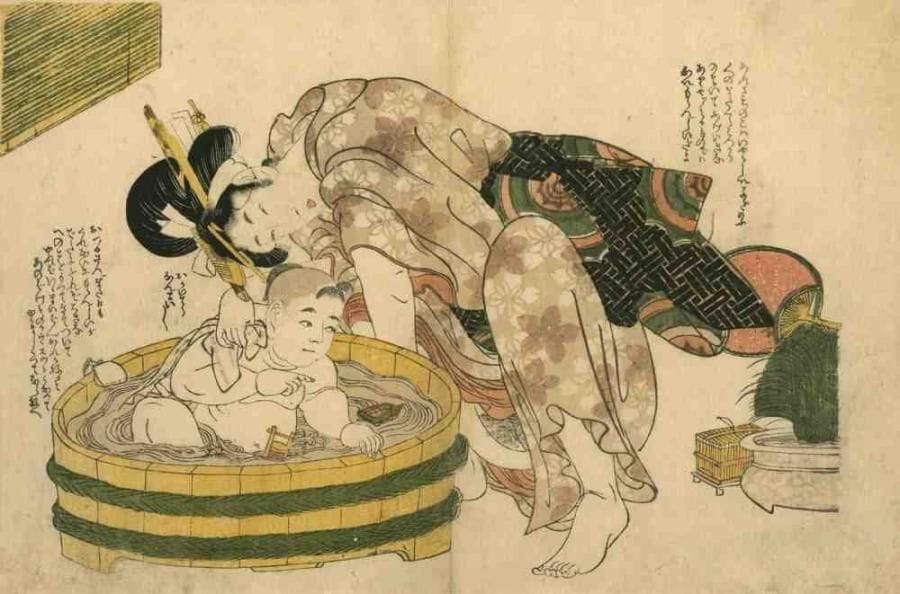 Utamaro (1753 - 1806)
Aiban yoko-e, jeune femme accroupie, le kimono se relevant, lavant un enfant dans son bain. Dim. : 22,9 x 34,5 cm