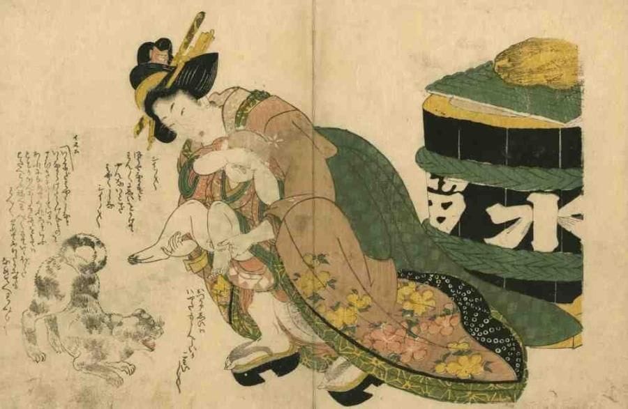 Utamaro (1753 - 1806)
Oban yoko-e, femme portant un enfant pleurant, observée par un chien. (Pliure médiane, petits trous). Dim. : 22,8 x 34,3 cm