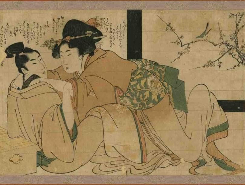 Utamaro (1753 - 1806)
Oban yoko-e, "Negai no Itoguchi", femme s'élançant sur son amant, un oiseau chantant sur une branche fleurie derrière la fenêtre. (Doublée, manques). Dim. : 25,3 x 37,4 cm