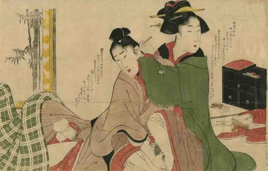 Utamaro (1753 - 1806)
Oban yoko-e, femme curant les oreilles d'un homme avec des baguettes. (Pliure horizontale, papier doublé, petit manque au dos). Dim. : 24,3 x 37,7 cm