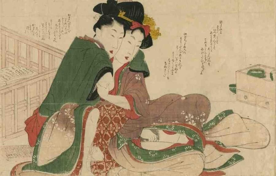 Utamaro (1753 - 1806)
Oban yoko-e, amants assis l'un contre l'autre lors de préliminaires. (Deux pliures horizontales, coupé, usures au dos). Dim. : 24,1 x 37,6 cm