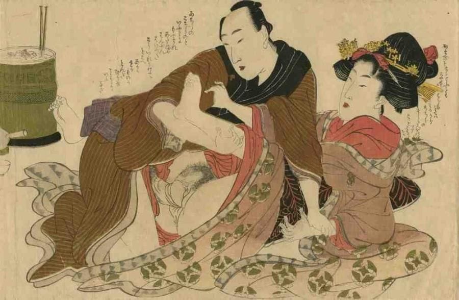 Utamaro (1753 - 1806)
Oban yoko-e, homme s'apprêtant à honorer une femme, lui maintenant une main. (Doublure avec usures, coupé). Dim. : 24,4 x 37,5 cm
