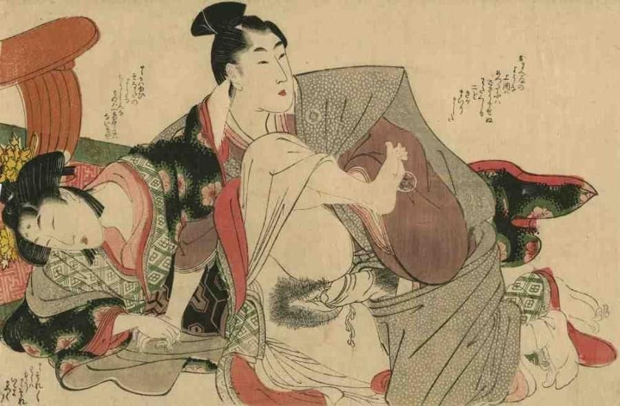 Utamaro (1753 - 1806)
Oban yoko-e, amants s'étreignant, la femme les yeux fermés. (Coupé). Dim. : 24,4 x 37,2 cm