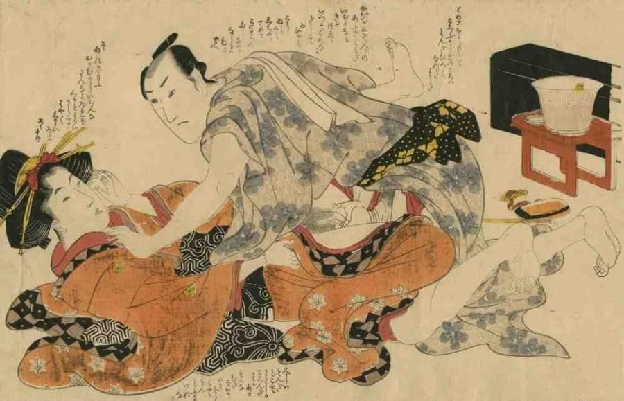 Utamaro (1753 - 1806)
Oban yoko-e, amants en kimono relevés, avant étreinte. (Coupé, restaurations, tache). Dim. : 24,3 x 37,5 cm