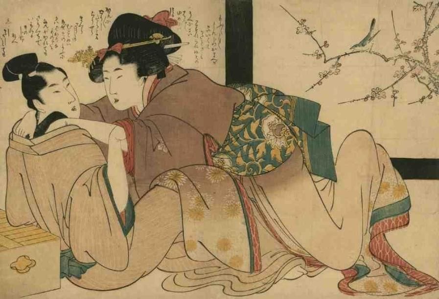 Utamaro (1753 - 1806)
Oban yoko-e, femme s'élançant sur son amant, (Coupé, pliure médiane) Dim. : 25,1 x 36,7 cm