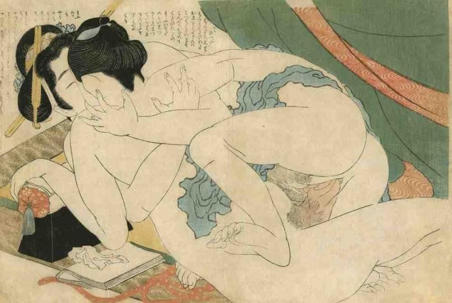 Hokusai (1760 - 1849)
Oban yoko-e, "Fukujuso", amants s'étreignant. (Pliure médiane, petits trous, usures). Dim. : 25,2 x 38,3 cm