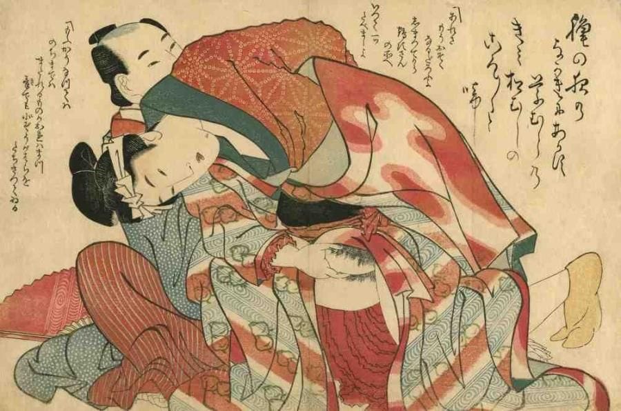 Hokusai (1760 - 1849)
Oban yoko-e, "Tane no Chigiri", couple en kimono rouge. (Pliure médiane, usure). Dim. : 25,3 x 38,4 cm
