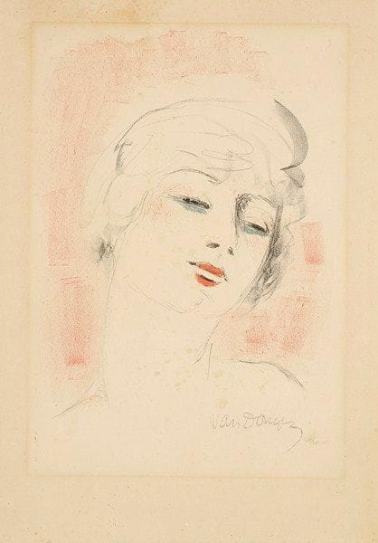 Kees VAN DONGEN (1877-1968)
Jeune fille aux cheveux blonds ou Tête. Planche de la suite Femmes. 1927. Lithographie. 255 x 370. Juffermans (2003) L9. Impression en couleurs. Belle épreuve sur vélin, l?une des 20 en tirage à part, numérotée à la mine de plomb et annotée «H.C.». Trace d?oxydation marginale due à un ancien montage. Restes d?encadrement aux bords du feuillet au verso. Rousseurs claires éparses. Toutes marges. Tirage total à 120 épreuves. Les Quatre Chemins éditeur.