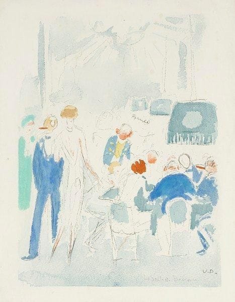 Kees van Dongen (1877-1968) (d'après)
Deauville - salle de baccara. (Planche pour Deauville, portefeuille en collaboration avec Paul Poiret). 1931. Procédé photomécanique. 255 x 350. Juffermans (2003) JM4. Très belle épreuve sur vélin. Menues salissures au verso. Toutes marges.
