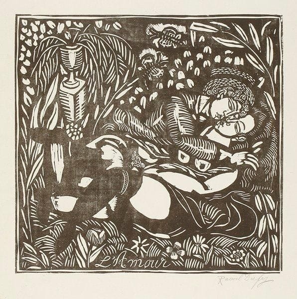 Raoul DUFY (1877-1953)
L?Amour (planche de la suite des Quatre Bois). 1910-1911. Bois gravé. 310 x 305. Très belle épreuve sur chine volant, signée à la mine de plomb. Bonnes marges (légèrement réduites). Tirage à 100 épreuves.