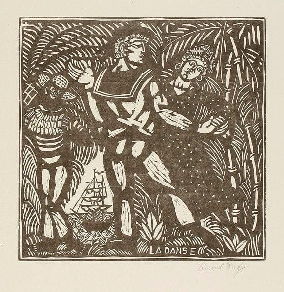 Raoul DUFY (1877-1953)
La Danse (planche de la suite des Quatre Bois). 1910-1911. Bois gravé. 400 x 322. Très belle et fraîche épreuve sur chine volant, signée à la mine de plomb puis numérotée dans l?angle inférieur droit. Toutes marges. Tirage à 100 épreuves. Ex-coll. H.-M. Petiet.