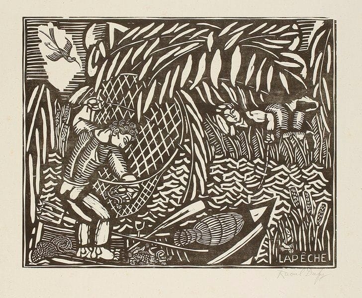 Raoul DUFY (1877-1953)
La Pêche (planche de la suite des Quatre Bois). 1910-1911. Bois gravé. 400 x 322. Très belle et fraîche épreuve sur chine volant, signée à la mine de plomb puis numérotée dans l?angle inférieur droit. Infimes rousseurs claires en pied du feuillet. Toutes marges. Tirage à 100 épreuves. Ex-coll. H.-M. Petiet.