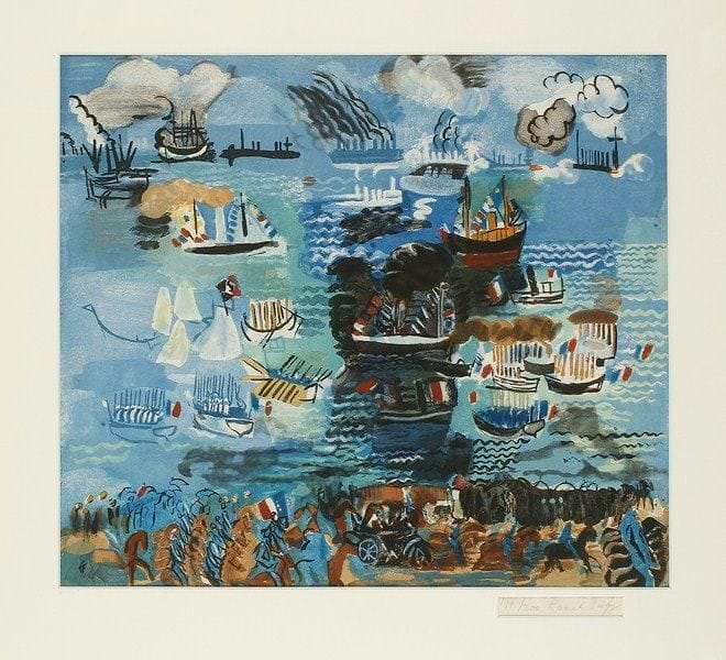 Raoul Dufy (1877-1953) (d'après)
Fête nautique. 1926-1927. Gravé par J. Villon. 530 x 465. Ginestet et Pouillon 649. Impression en couleurs. Belle épreuve sur vélin, numérotée et signée à la mine de plomb par Dufy. Bandes d?adhésif aux bords du feuillet au verso. Toutes marges. Tirage à 200 épreuves. Édition de la Galerie Bernheim-Jeune. Cadre.