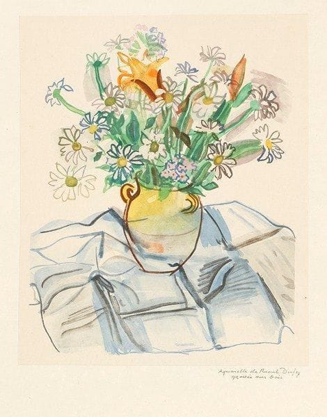 Raoul Dufy (1877-1953) (d'après)
[Bouquet de fleurs des champs]. Planche pour Roland Dorgelès, Vacances forcées, éditions Vialetay, 1956 (défet de l?ouvrage). Gravure sur bois par J. Beltrand. [260 x 330]. Impression en couleurs. Très belle épreuve sur japon vergé collée sur double feuillet de japon nacré, portant sur le 1er plat les mentions typographiées «Maquette de Henri Jonquières / Typographie et Impression de / Robert Blanchet» et l?envoi à la mine de plomb de Robert Blanchet: «A Madame Apollinaire, ces fleurs de Raoul Dufy / Avec mes respectueux hommages / Robert Blanchet».