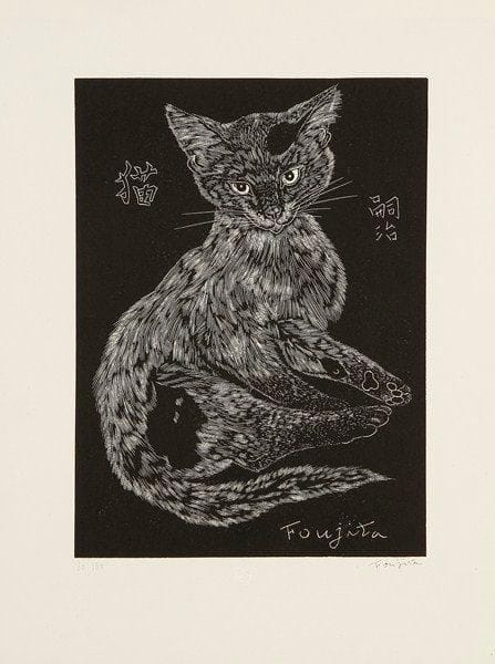 Léonard-Tsuguharu FOUJITA (1886-1968)
Chat. 1927. Gravure sur bois. 164 x 225. Buisson 27-03. Parfaite épreuve sur vélin blanc, numérotée et signée à la mine de plomb. Toutes marges. Tirage à 160 épreuves pour l?Imagier de la Gravure sur Bois Originale (8e année). Timbre sec: Lugt 1140a.