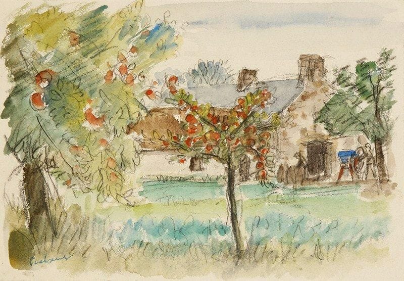 Jean FRÉLAUT (1879-1954)
La Ferme aux pommiers. Aquarelle sur trait de mine de plomb, sur vélin mince, [200 x 143], signée en bas à gauche et titrée sur le support.
