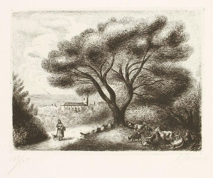 Demetrios Galanis (grec, 1880-1966)
[Paysage au troupeau de chèvres sous un arbre]. Vers 1950. Eau-forte. 318 x 241. Très belle épreuve sur vélin blanc, numérotée et signée à la mine de plomb. Toutes marges. Tirage à 125 épreuves.