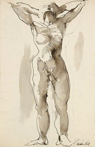Auguste Gaudin (1914- ?)
Études de nus en pied. 1946. Dessins, plume, encre de chine et lavis, respectivement sur vélin et sur vergé, [315 x 480]. Collés par les bords ou en plein sur bristol, signés en bas à droite, le second daté «29/7/46». Ens. 2 p.