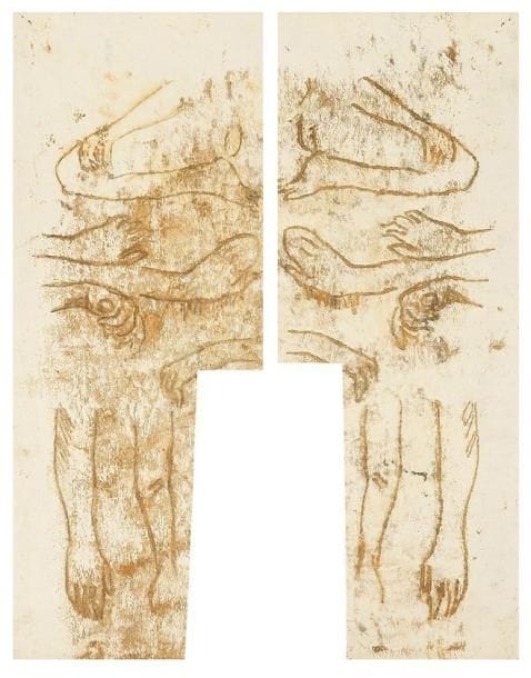 Paul GAUGUIN (1848-1903)
Études de mains ou d?avant-bras. Vers 1902. Monotype ou dessin-empreinte («traced monotype»). 120 x 318. Field non décrit. Impression en brun. Belle épreuve sur vélin blanc découpé. Petits trous dans un angle. Petites épidermures en surface et infime trace de colle au bord du feuillet du côté du dessin.