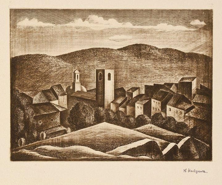 Kiyoshi Hasegawa (1891-1980)
Paysage de Vallauris. 1924. Eau-forte et pointe sèche. 240 x 180. R. 127. Impression en noir bistré. Parfaite épreuve sur japon, revêtue du timbre de l?atelier. Toutes marges non ébarbées.