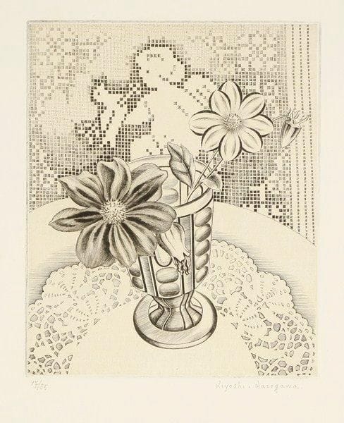 Kiyoshi Hasegawa (1891-1980)
Dahlia (fond dentelle amour). 1932. Pointe sèche. 202 x 247. R. 225. Parfaite épreuve sur chine appliqué, numérotée et signée à la mine de plomb. Toutes marges. Tirage à 35 épreuves. Timbre de l?atelier au verso.