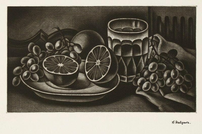 Kiyoshi Hasegawa (1891-1980)
Oranges et raisins. 1932. Manière noire. 293 x 166. R. 228. Parfaite épreuve sur vélin, soigneusement lavée, revêtue du timbre de l?atelier. Toutes marges.