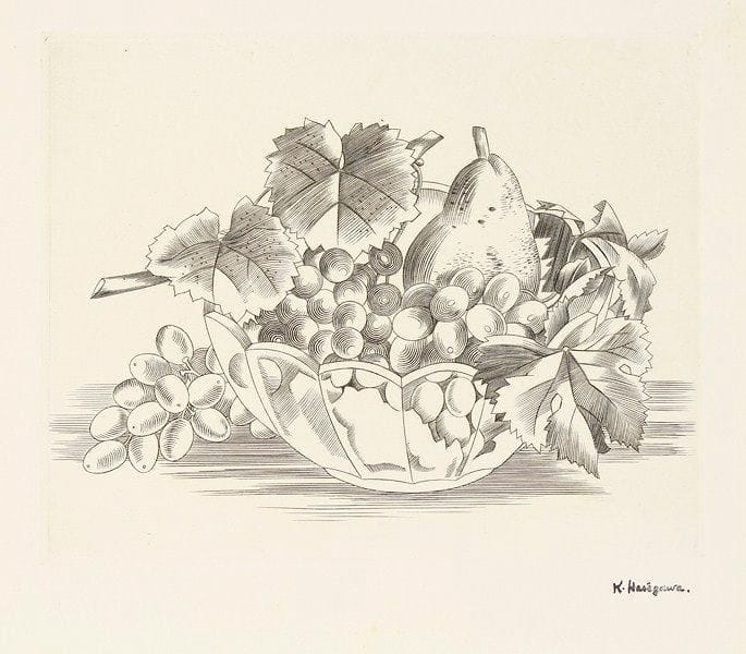 Kiyoshi Hasegawa (1891-1980)
Fruits dans une coupe. 1935. Burin. 243 x 190. R. 239. Très belle épreuve sur vélin, revêtue du timbre de l?atelier. Infimes rousseurs au bord droit du feuillet. Toutes marges.