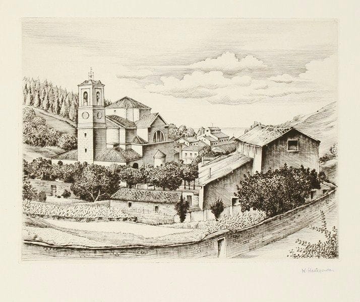 Kiyoshi Hasegawa (1891-1980)
Église de Motrico (Espagne). 1936. Pointe sèche. 284 x 214. R. 241. Parfaite épreuve sur vélin, revêtue du timbre de l?atelier. Toutes marges.