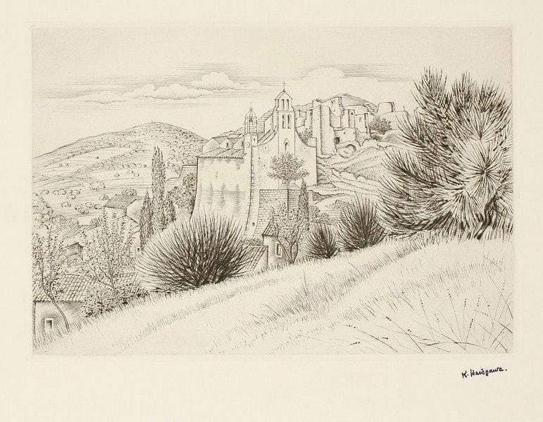 Kiyoshi Hasegawa (1891-1980)
L?Église du village. 1939. Pointe sèche. 309 x 210. R. 254. Parfaite épreuve sur vélin, revêtue du timbre de l?atelier. Toutes marges.