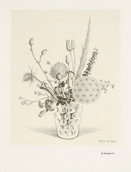 Kiyoshi Hasegawa (1891-1980)
Fleurs des champs séchées. 1951. Burin. 228 x 281. R. 282. Très belle épreuve sur chine appliqué, soigneusement lavée, revêtue du timbre de l?atelier. Courte déchirure en pied. Courts plis cassés au bord inférieur droit du feuillet et dans l?angle supérieur gauche. Toutes marges.