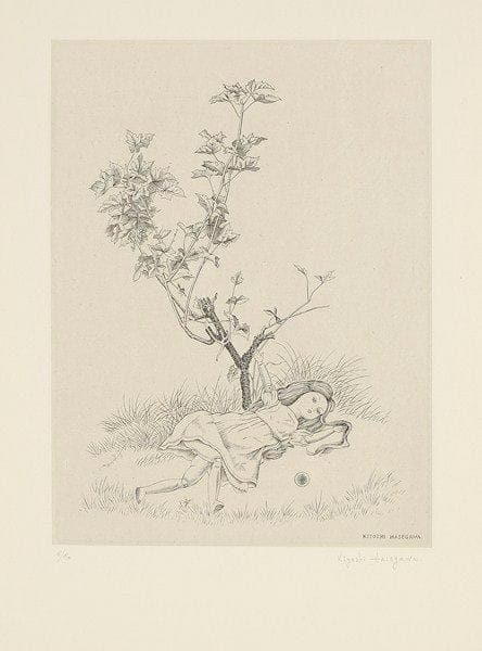 Kiyoshi Hasegawa (1891-1980)
Poupée délaissée, ou Poupée et groseillier. 1953. Burin. 237 x 317. R. 295. Très belle épreuve sur chine appliqué, numérotée et signée à la mine de plomb. Petit reste d?adhésif en pied du feuillet. Toutes marges. Tirage à 50 épreuves. Timbre de l?atelier au verso.