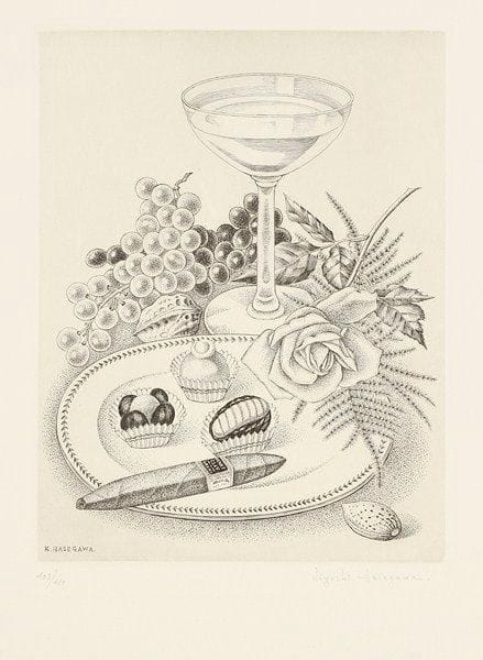 Kiyoshi Hasegawa (1891-1980)
Nature morte à la coupe de champagne (illustration pour un menu de la Société des Peintres-Graveurs). 1956. Burin. 176 x 230. R. 622. Parfaite épreuve sur double feuillet de vélin avec texte du menu typographié à l?intérieur, numérotée et signée à la mine de plomb. Toutes marges. Tirage à 110 épreuves.