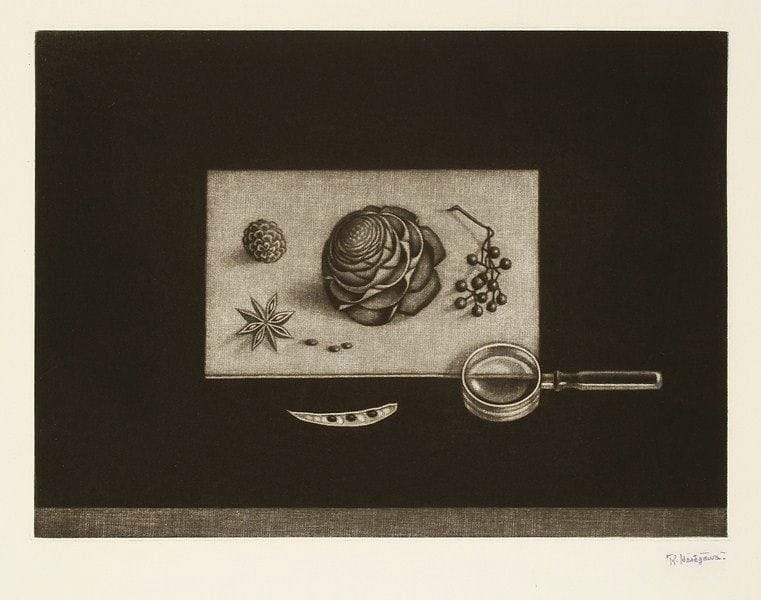 Kiyoshi Hasegawa (1891-1980)
Nature morte à la pomme de cèdre. 1960. Manière noire. 360 x 262. R. 316. Très belle épreuve sur vélin, revêtue du timbre de l?atelier. Court pli cassé dans l?angle inférieur gauche. Toutes marges.