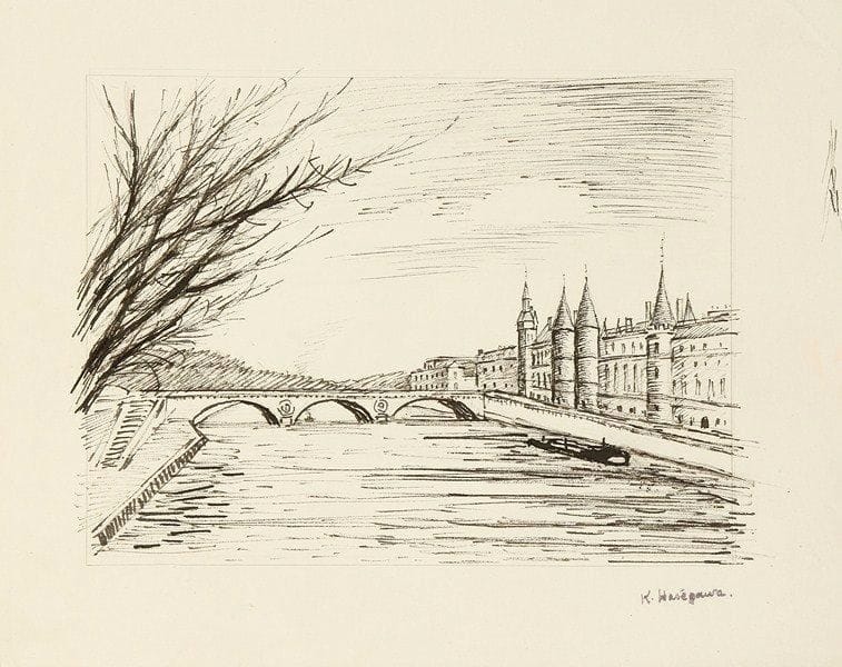 Kiyoshi Hasegawa (1891-1980)
La Conciergerie. Plume et encre sur vélin, [260 x 210], avec filet d?encadrement à la mine de plomb. Timbre de l?atelier.