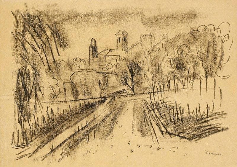 Kiyoshi Hasegawa (1891-1980)
Le Cannet. Fusain sur vélin teinté chamois, [372 x 260]. Traces de plis au bord gauche. Timbre de l?atelier.
