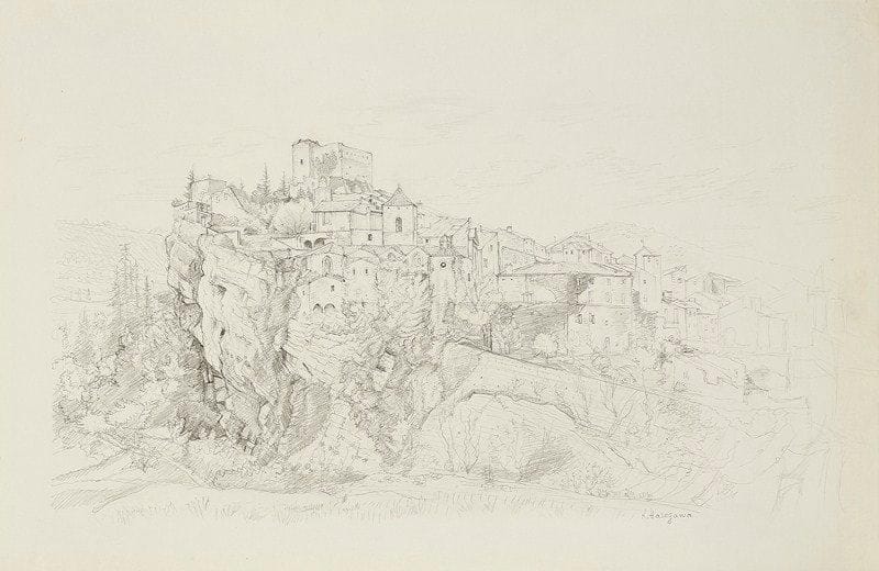 Kiyoshi Hasegawa (1891-1980)
Village sur un piton rocheux. Mine de plomb sur vélin, [500 x 305], signée en bas à droite. Timbre de l?atelier au verso.