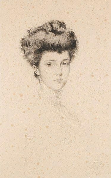 Paul-César HELLEU (1859-1927)
[Jeune femme en buste]. Vers 1900. Pointe sèche. 337 x 545. Belle épreuve sur vélin fort, collée par les bords sous passe-partout, signée à la mine de plomb. Fortes rousseurs éparses. Marges. Cadre.